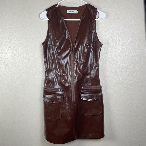 FuTrio Dresses & Skirts - FuTrio Brown Faux Leather Zip Front Mini Dress Sleeveless Moto Cargo Womens S